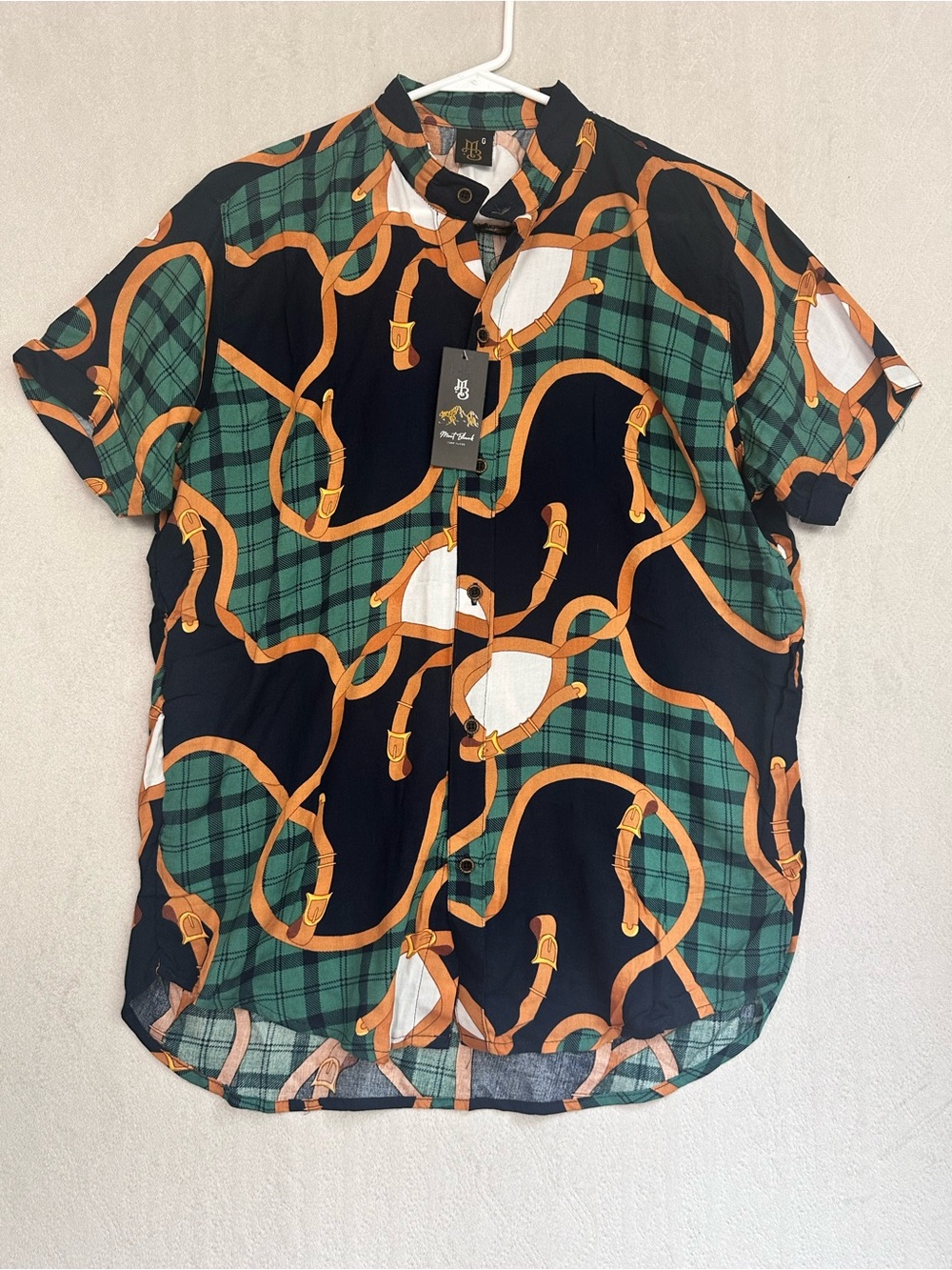 NWT Mont Black Equestrian Chain Pattern Short-Sleeve Men's Button-Up Shirt Sz S